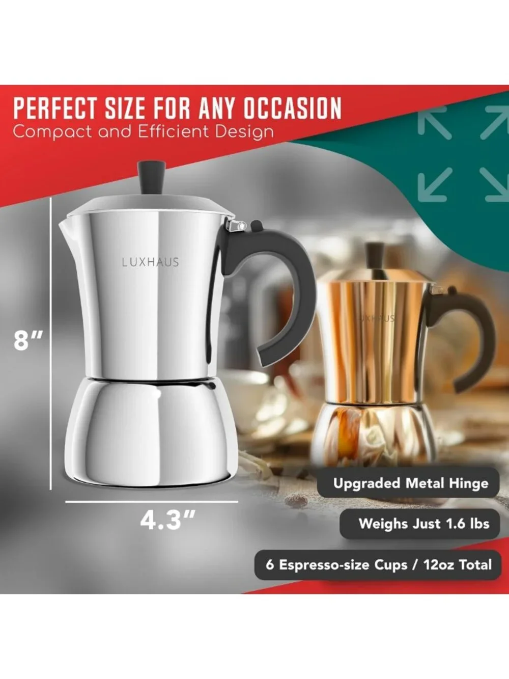 Stovetop Espresso Maker - 6 Cup Moka Pot, Stainless Steel, Italian & Cuban